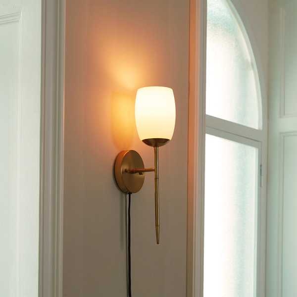 Novogratz 1Light Matte Brass PlugIn or Hardwire Wall Sconce with Opal